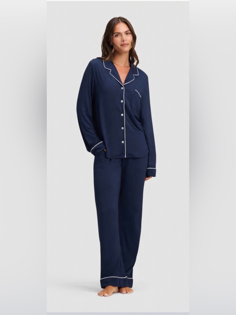 Cozy Earth Pajamas Large TALL Navy Bamboo Stretch-Knit Long Sleeve Set MSRP $148